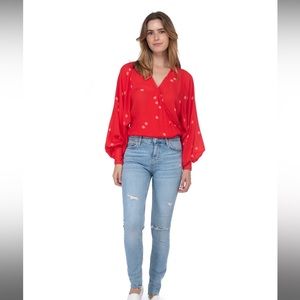 Red Polka Dot V-Neck Long Sleeved Top